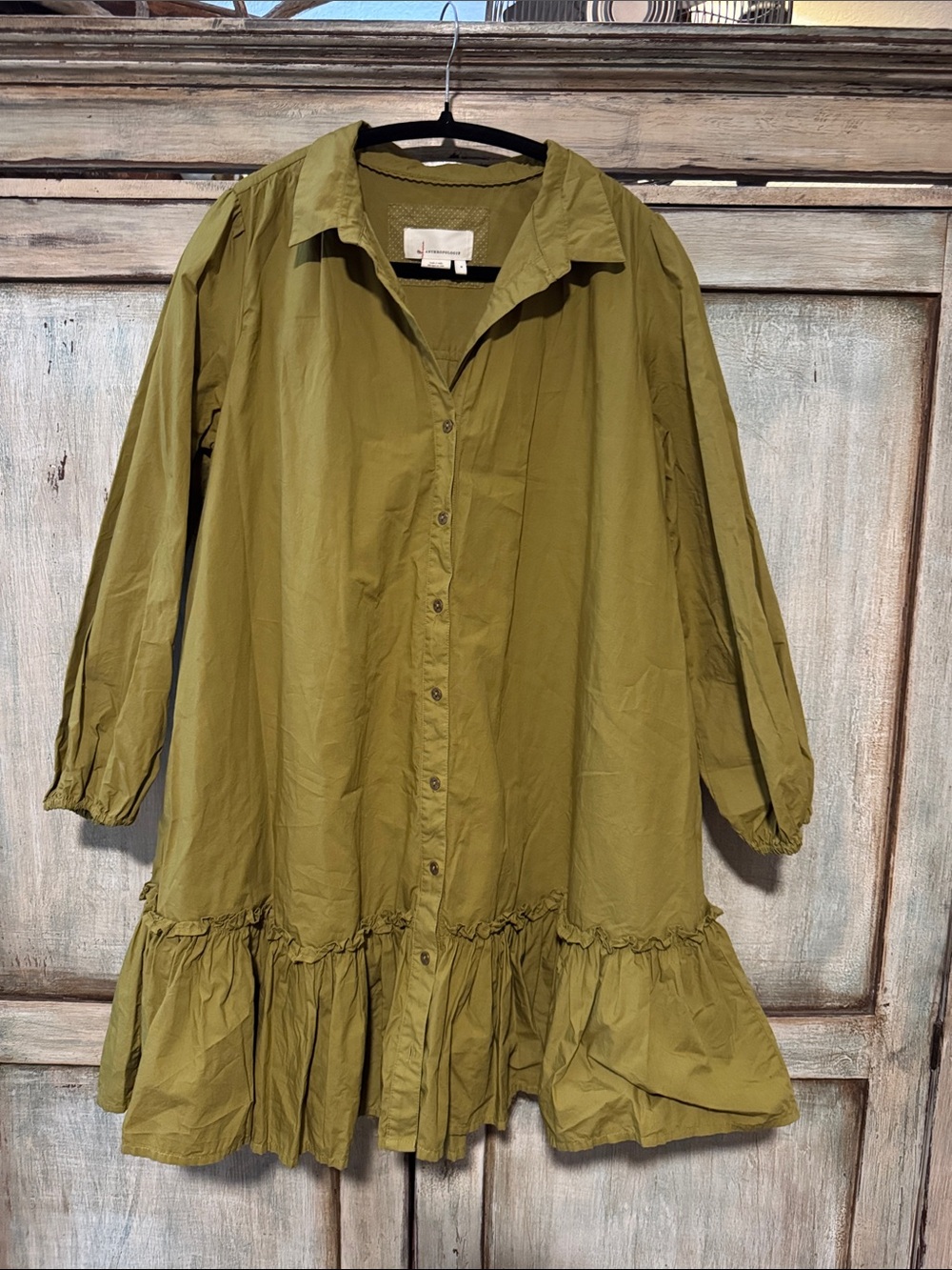 by Anthropologie Green Button-Front Ruffle Hem mini shirt dress Medium